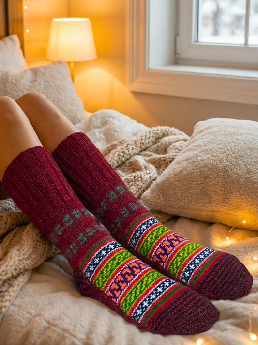 Handknitted Maroon Woollen Socks for Women