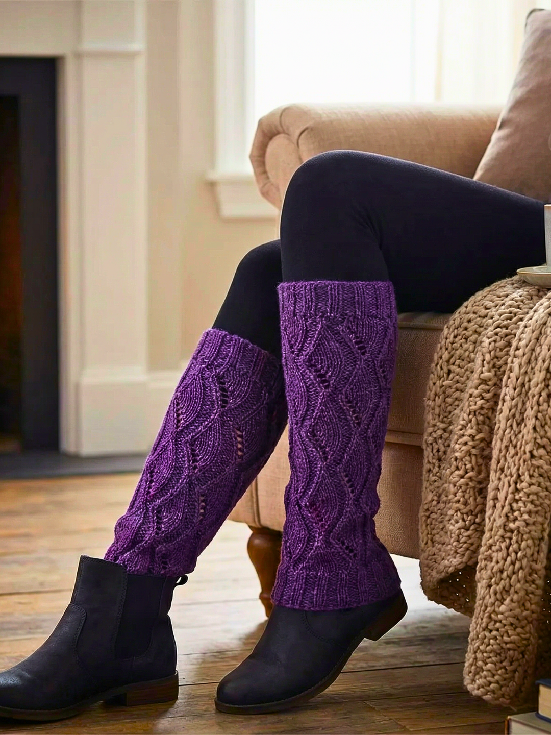 Handknitted Purple Wool Leg Warmers – Chunky Cable Knit Winter Warmers for Women