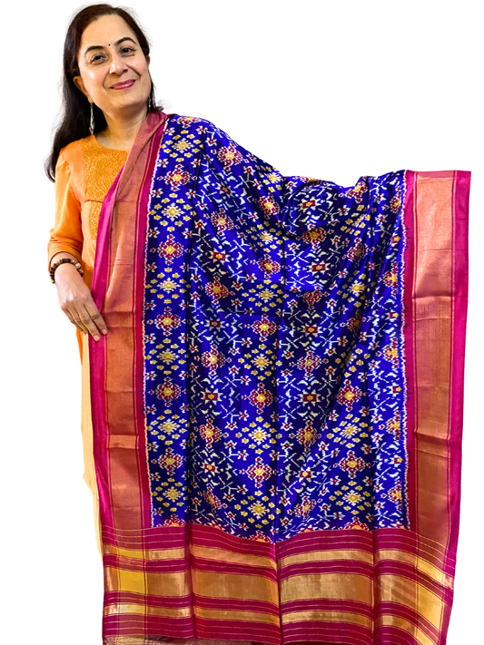 Royal blue silk dupatta , Pure Silk Ikat Dupatta , Handwoven Dupatta for Wedding Season , SILK  MARK CERTIFIED