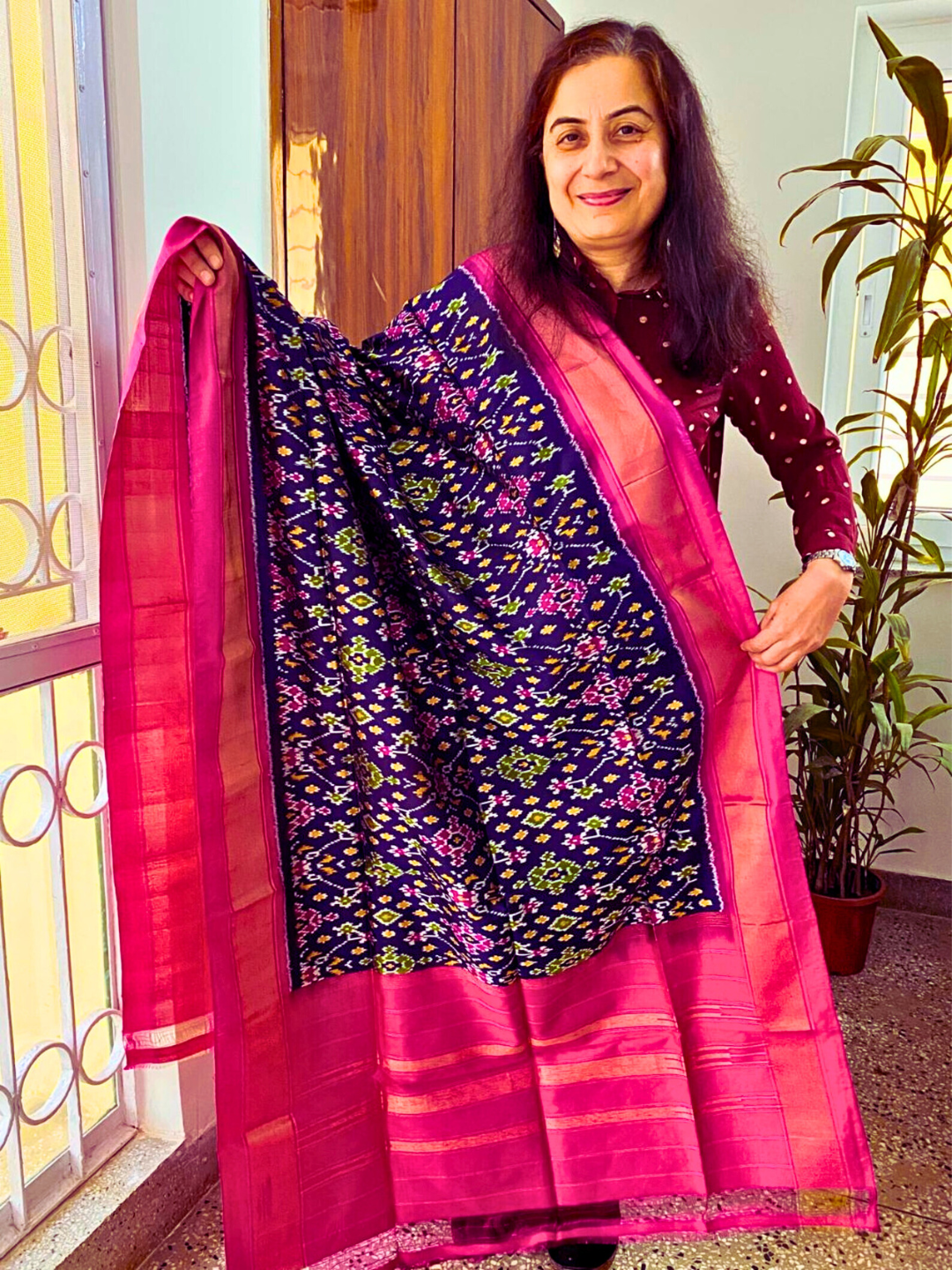 Navy blue silk dupatta , Festive Pure Silk Ikat Dupatta , Handmade Wedding & Party Wear Stole,  SILK  MARK CERTIFIED