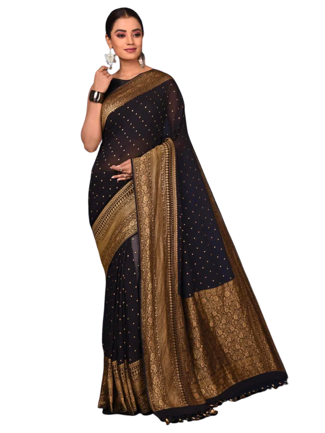 Black Pure Khaddi Georgette Banarasi Saree with Rich Gold Antique Zari Weaving