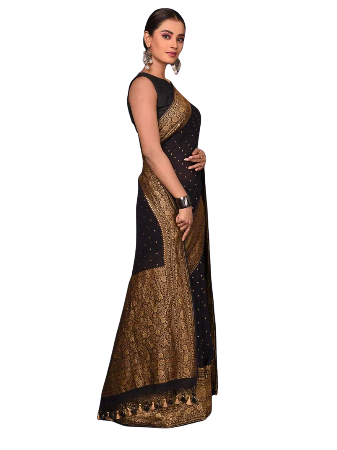 Black Pure Khaddi Georgette Banarasi Saree with Rich Gold Antique Zari Weaving