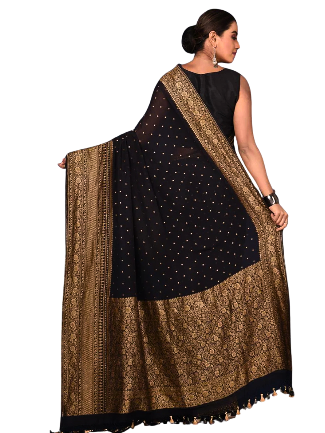 Black Pure Khaddi Georgette Banarasi Saree with Rich Gold Antique Zari Weaving