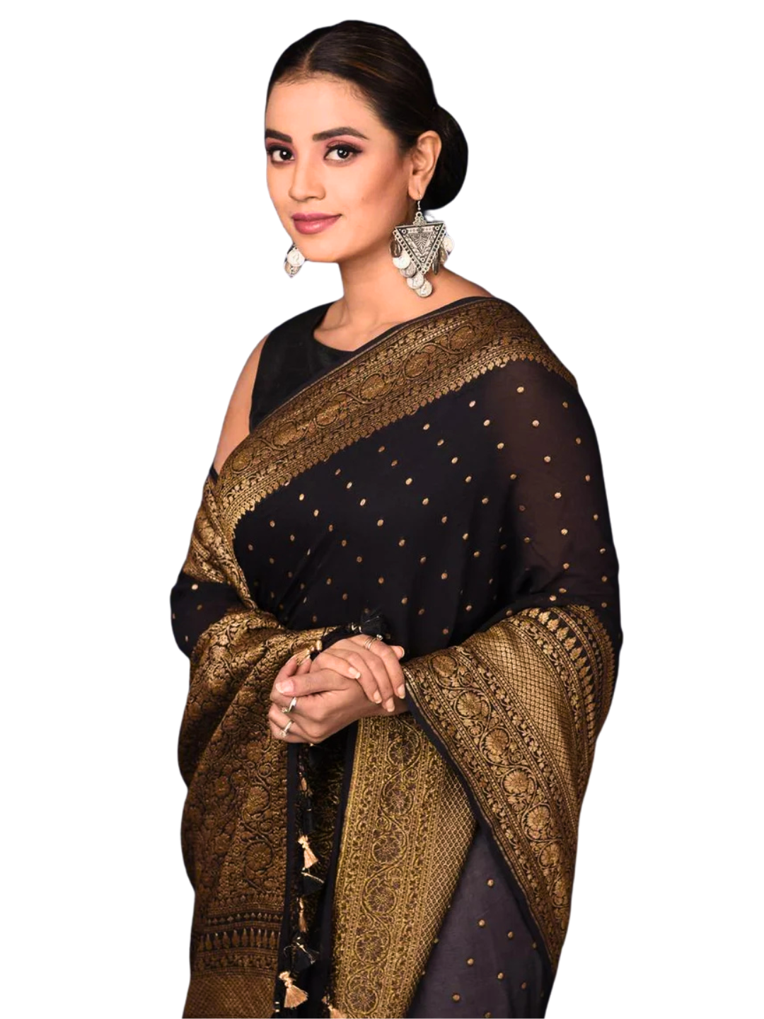 Black Pure Khaddi Georgette Banarasi Saree with Rich Gold Antique Zari Weaving