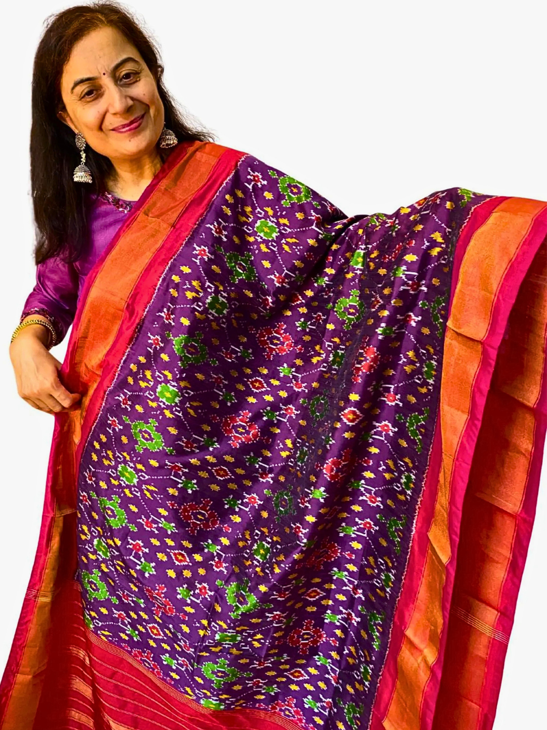 Purple silk dupatta , Authentic Handloom Pure Silk Ikat Dupatta ,  SILK  MARK CERTIFIED