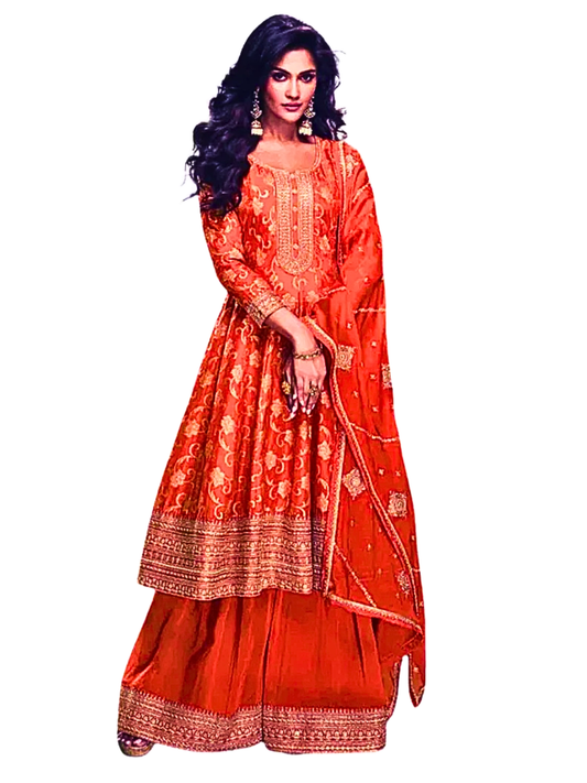 Orange Viscose Silk Zari Palazzo Suit Set with Dupatta