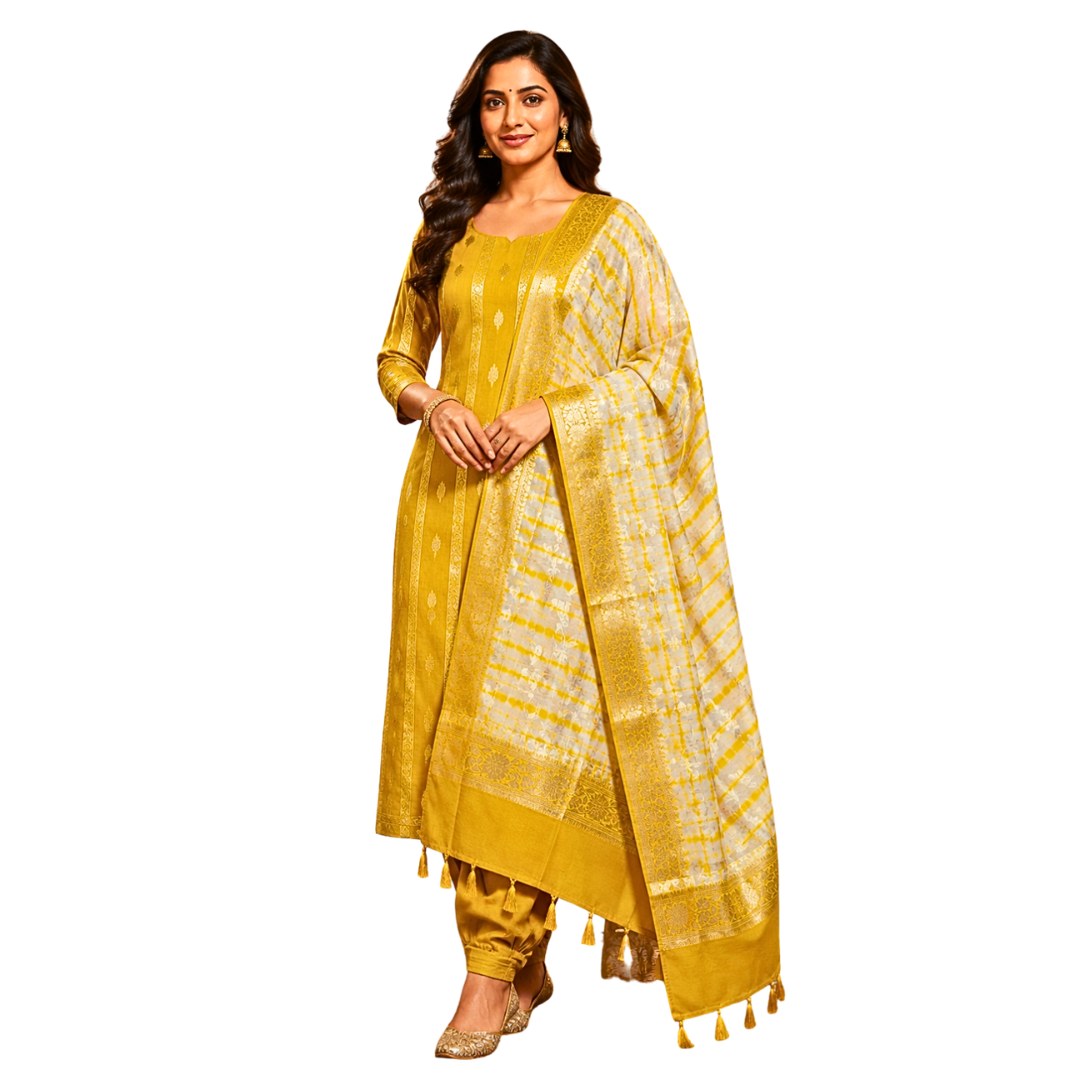 Elegant Banarasi Chanderi Suit Set with Zari Work for Festive & Party Wear