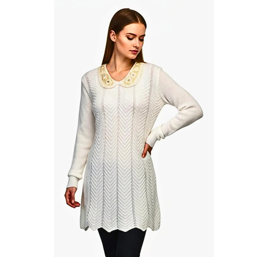 White Wool Blend Sweater with Embellished Collar – Classic Winter Pullover for Women