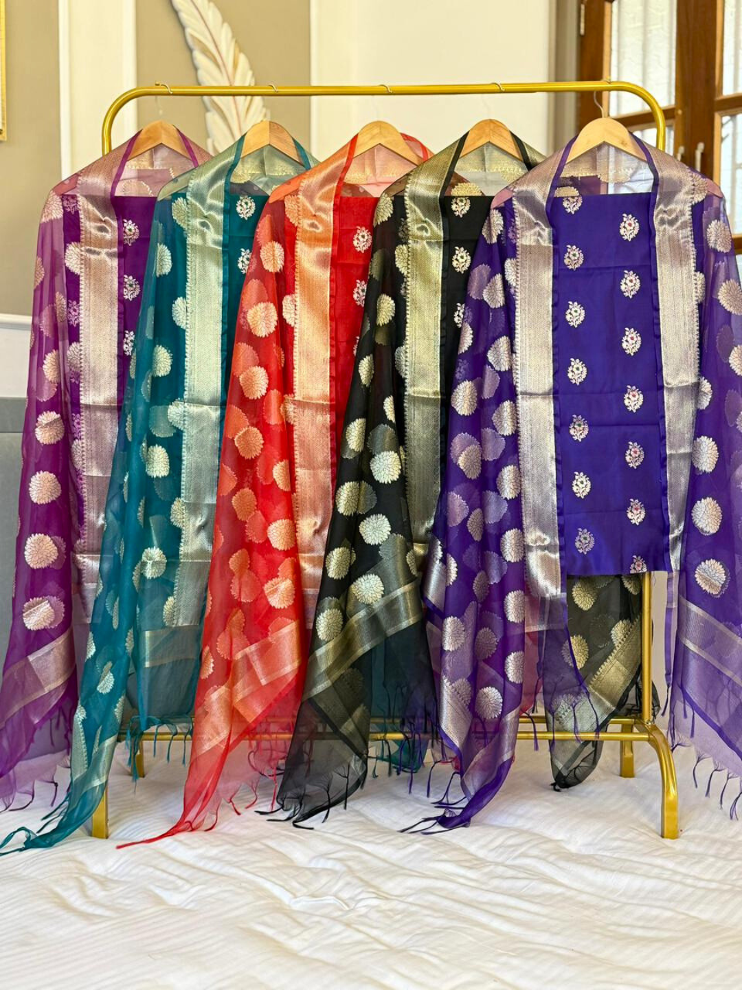 Premium Banarasi Dress Material , Cotton Silk Kurta with Organza Dupatta Set