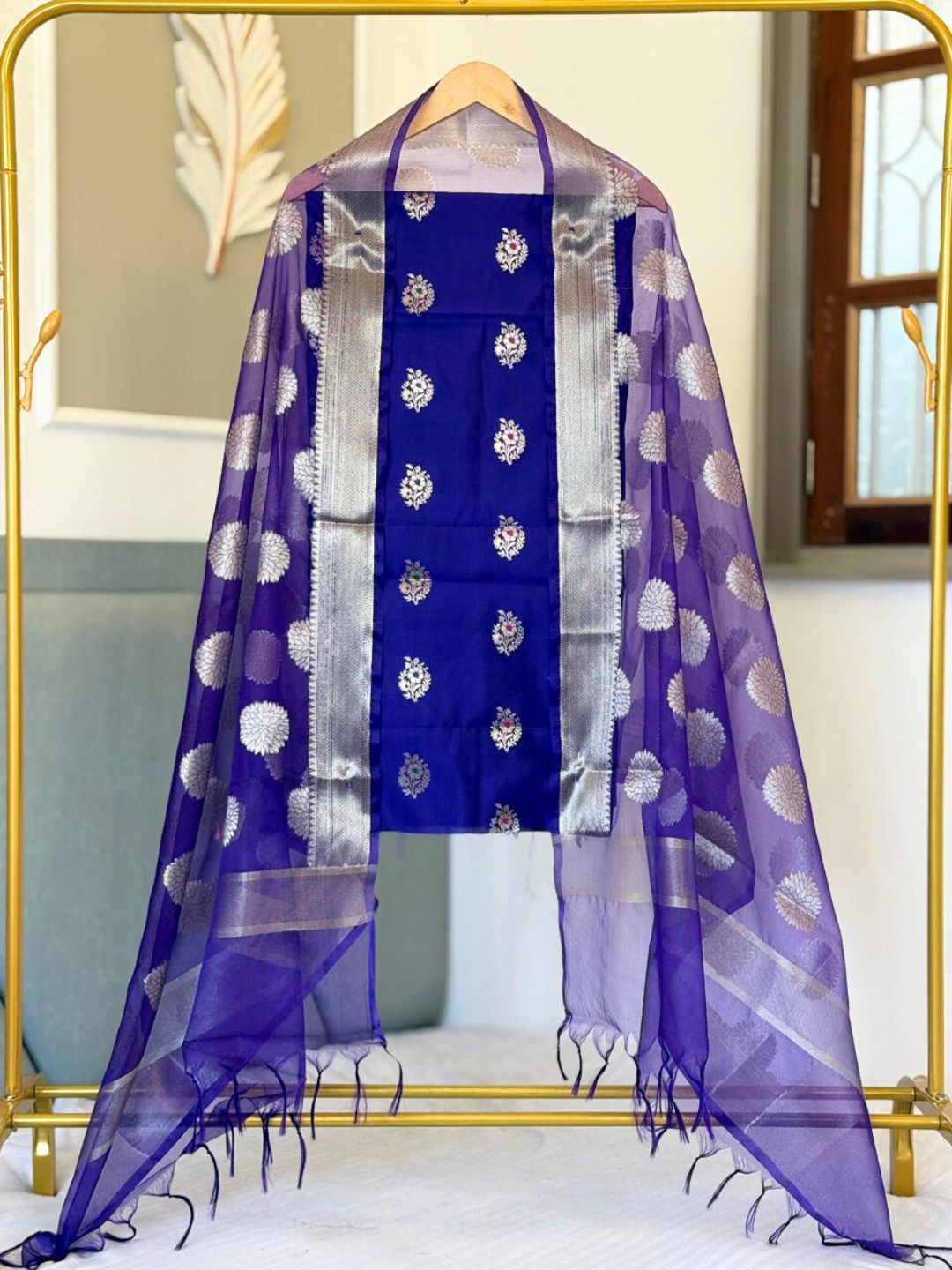Premium Banarasi Dress Material , Cotton Silk Kurta with Organza Dupatta Set