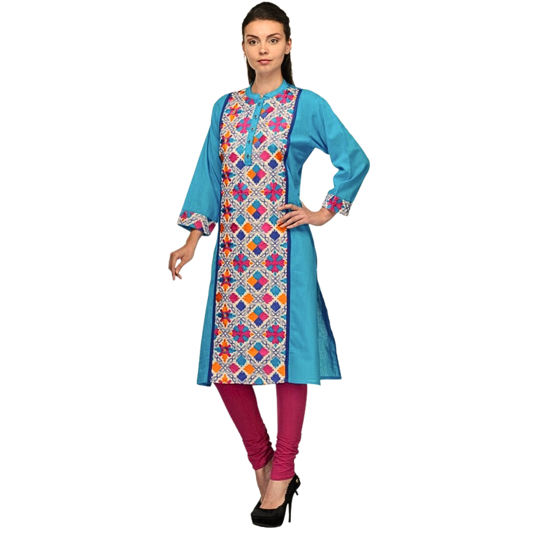 Blue Plus Size Embroidered Cotton Kurti