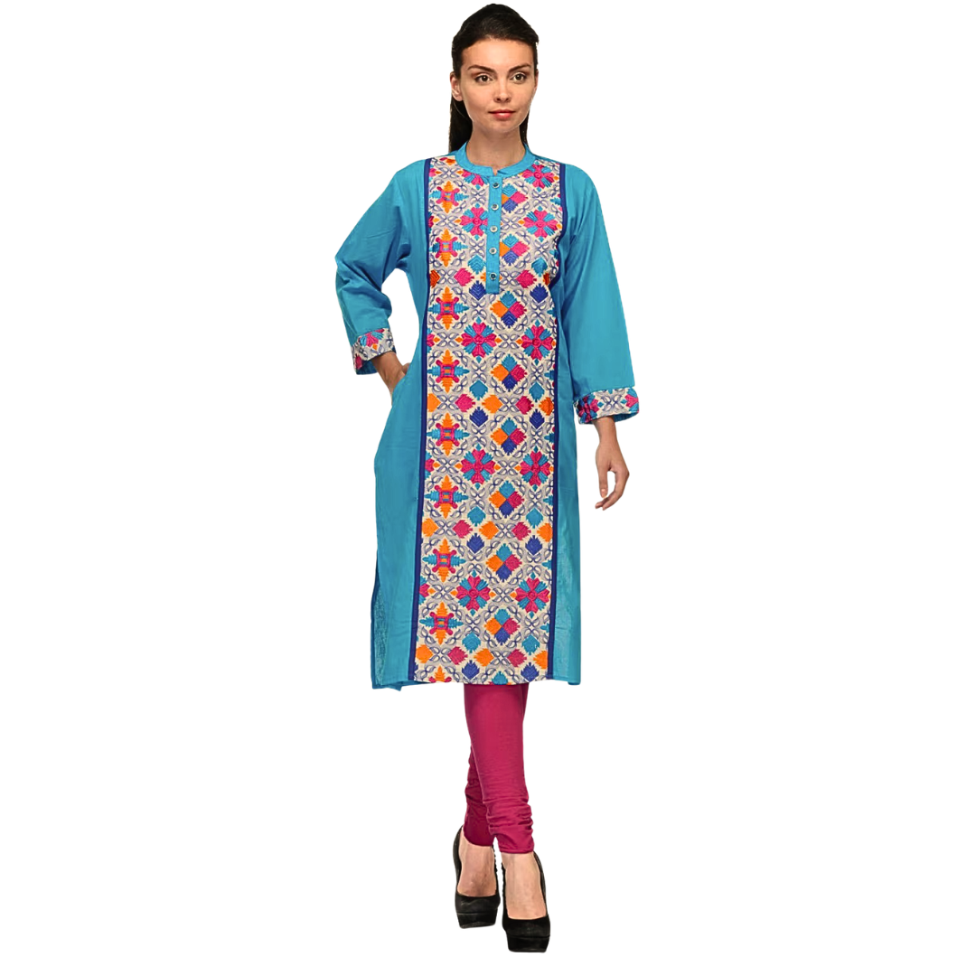 Blue Plus Size Embroidered Cotton Kurti