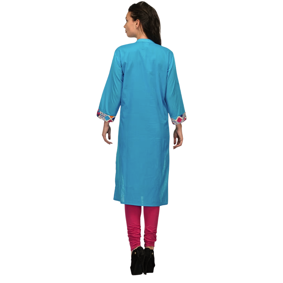 Blue Plus Size Embroidered Cotton Kurti