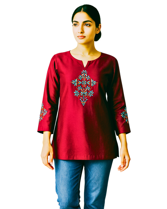 Burgundy Embroidered Kurti for Women | Festive Kurtis Short