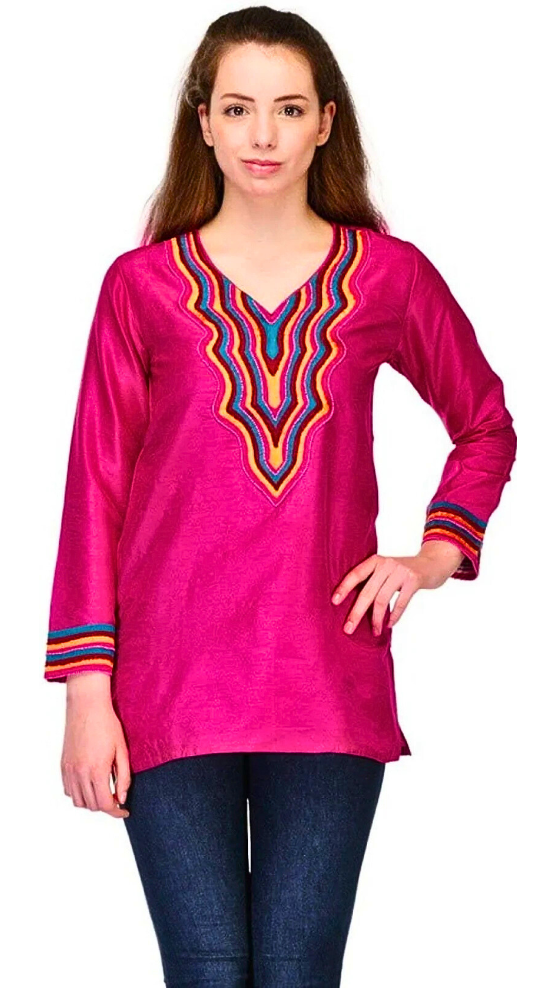 Pink Embroidered Art Silk Kurti  ,FREE  DELIVERY