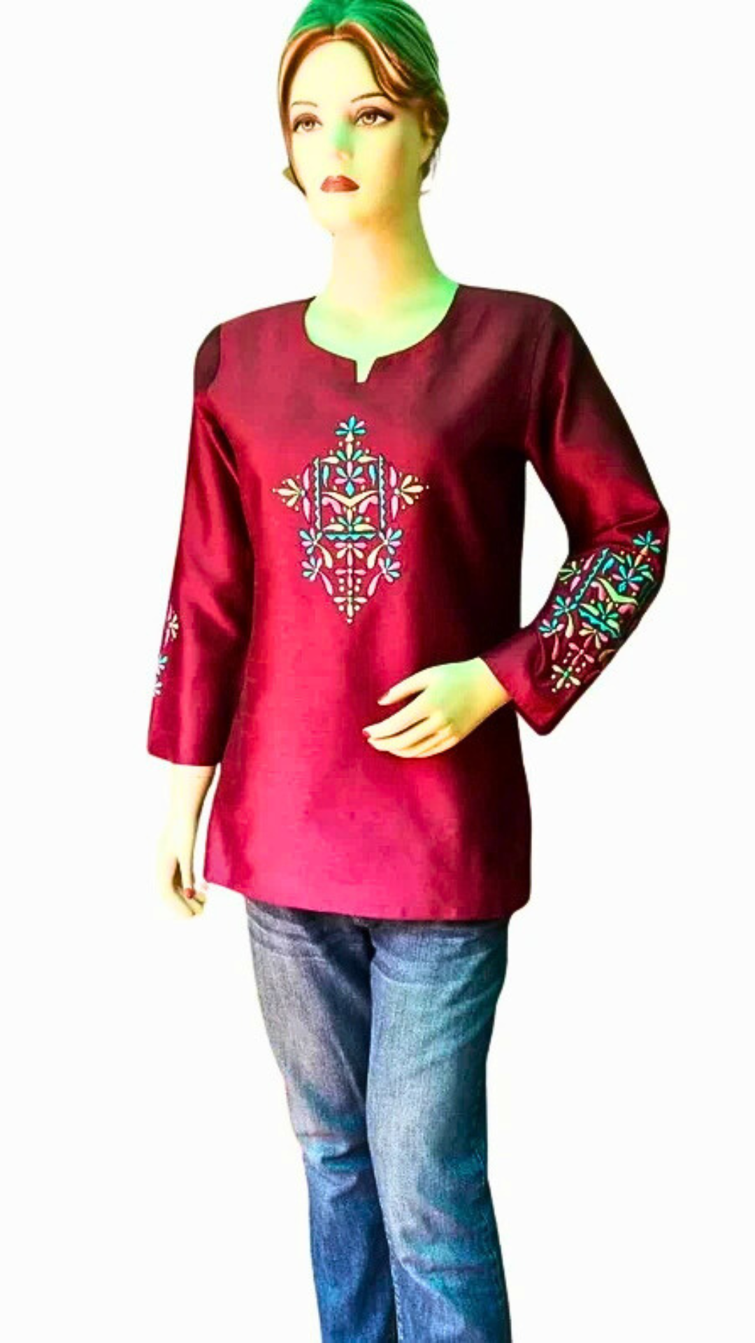 Burgundy Art Silk Embroidered Kurti  , FREE DELIVERY