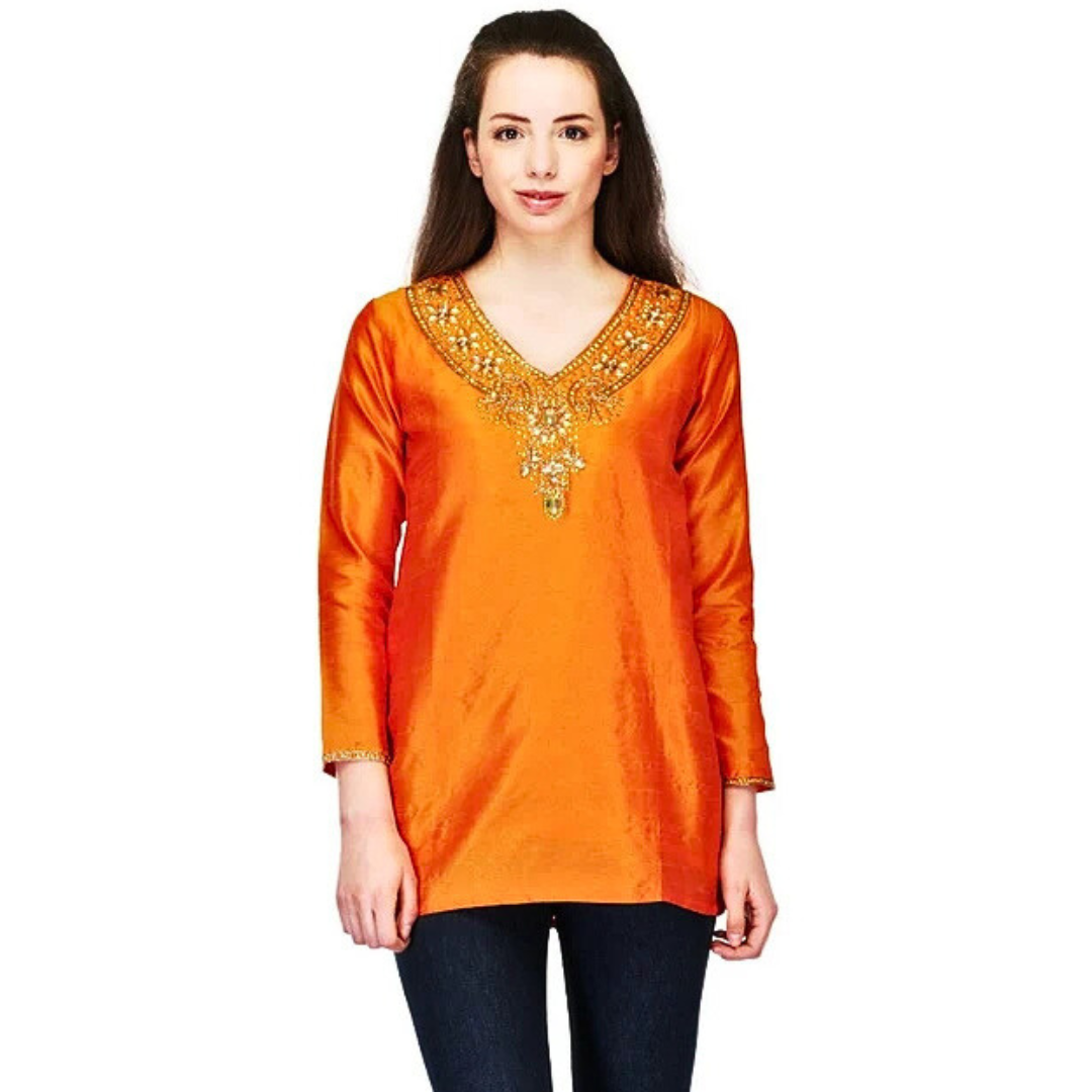 Orange Art Silk Embellished Kurti , FREE  DELIVERY