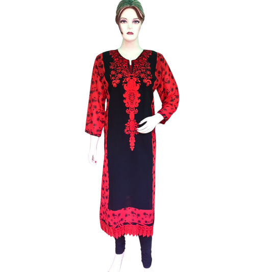 Black / Red  Georgette Women's Straight Kurta , Chest 44 Inches  , FREE DELIVERY