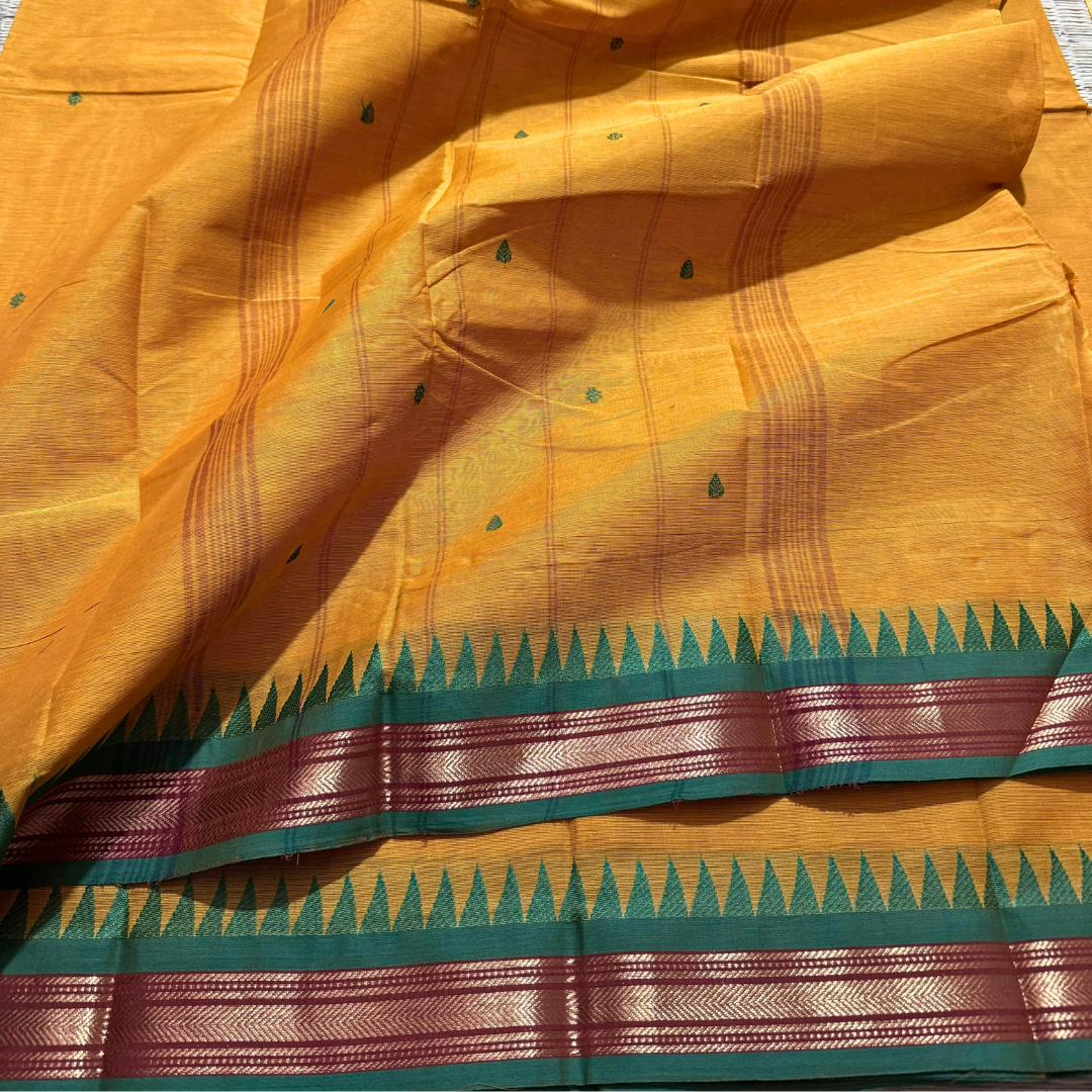 Kanchi cotton saree with thin zari border with temples , Free Delivery