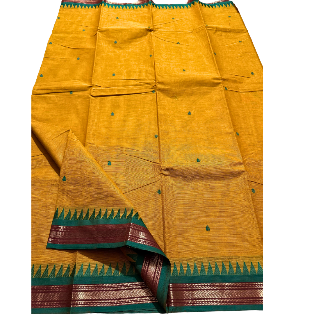 Kanchi cotton saree with thin zari border with temples , Free Delivery