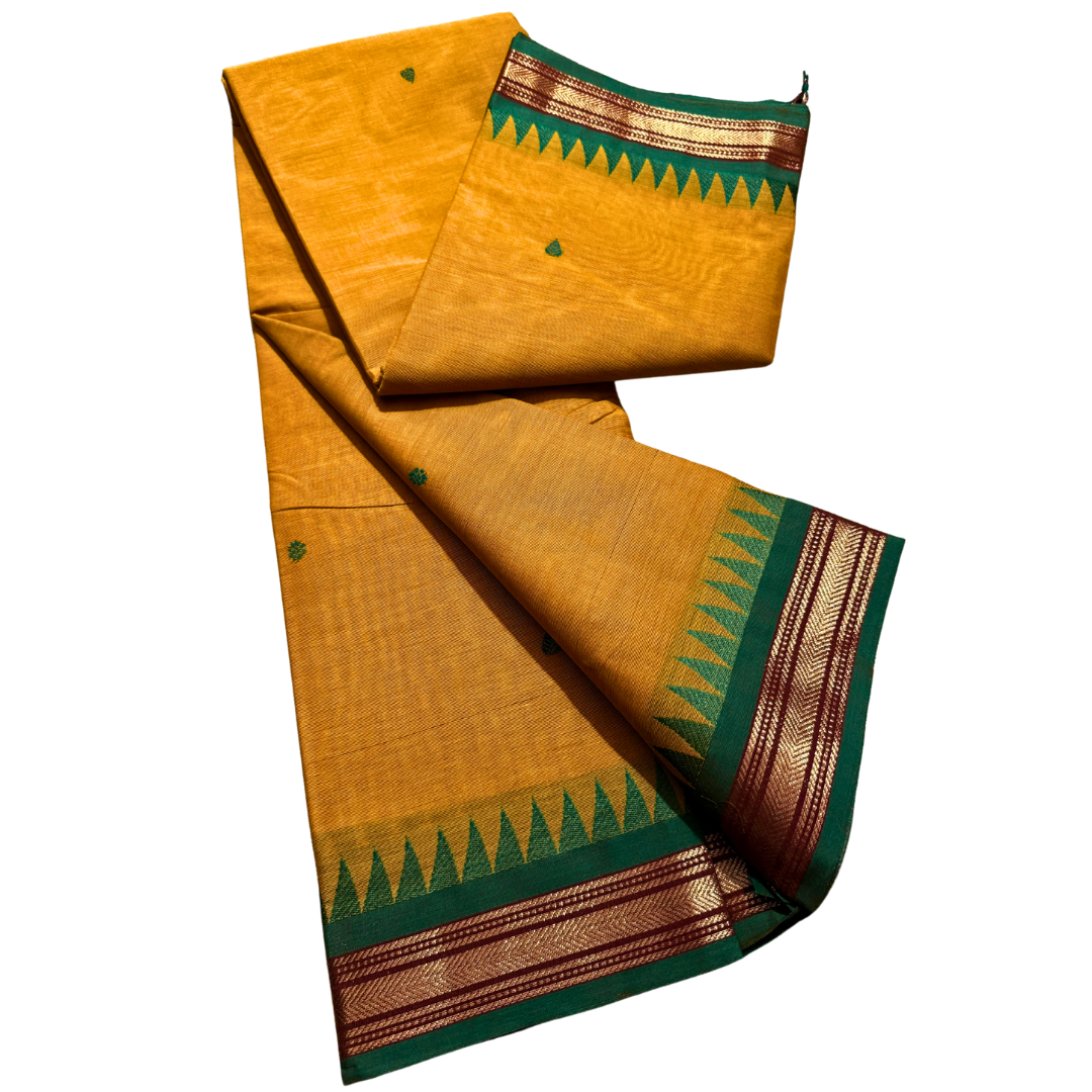 Kanchi cotton saree with thin zari border with temples , Free Delivery