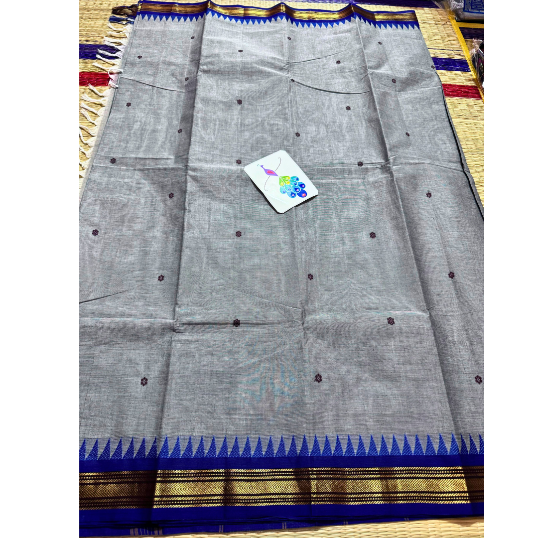 Kanchi cotton saree with thin zari border with temples , Free Delivery