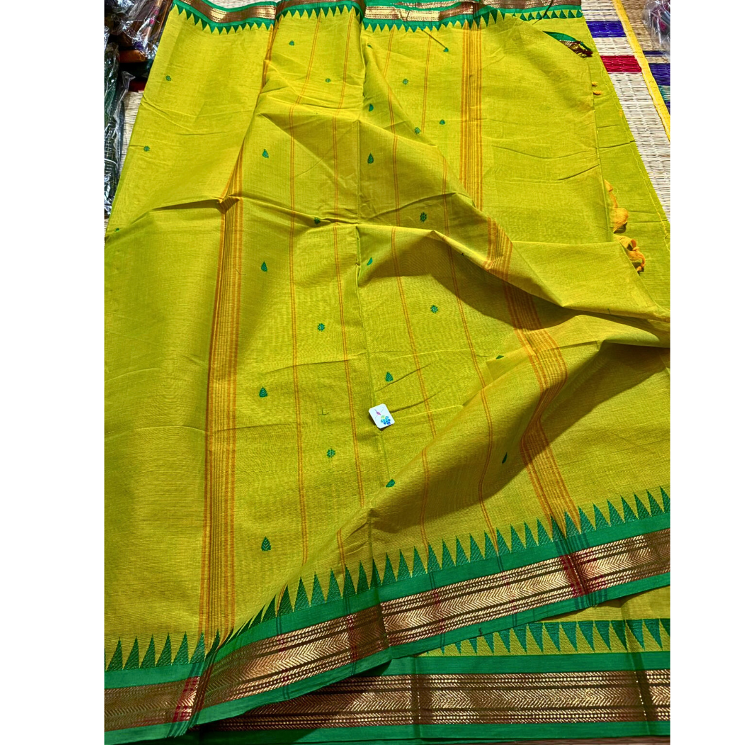 Kanchi cotton saree with thin zari border with temples , Free Delivery