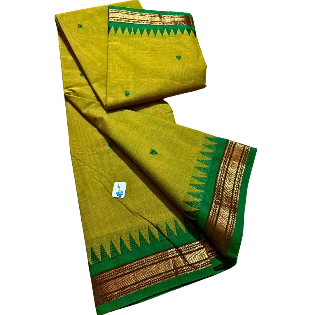 Kanchi cotton saree with thin zari border with temples , Free Delivery