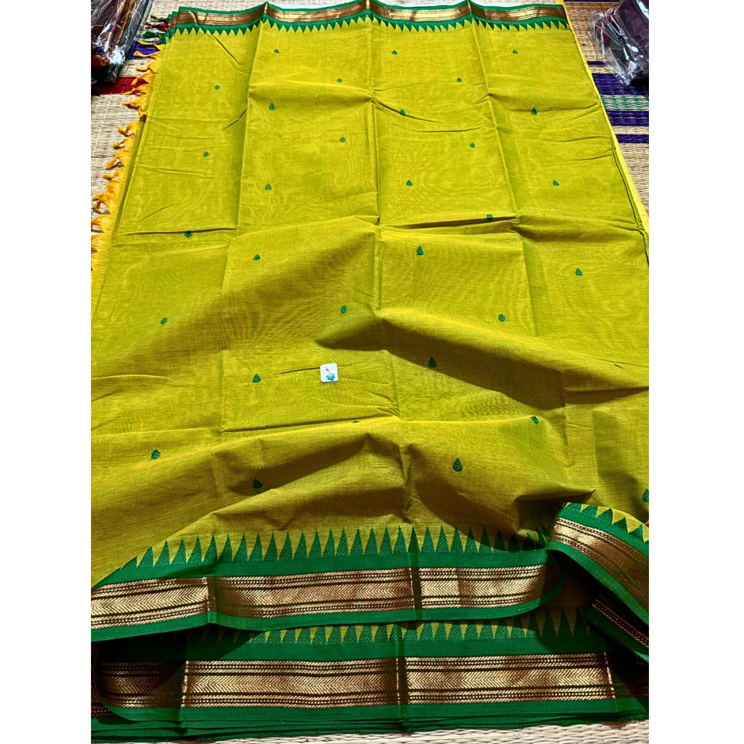 Kanchi cotton saree with thin zari border with temples , Free Delivery