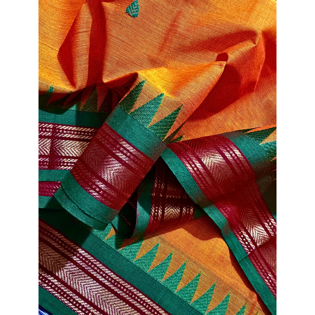 Kanchi cotton saree with thin zari border with temples , Free Delivery