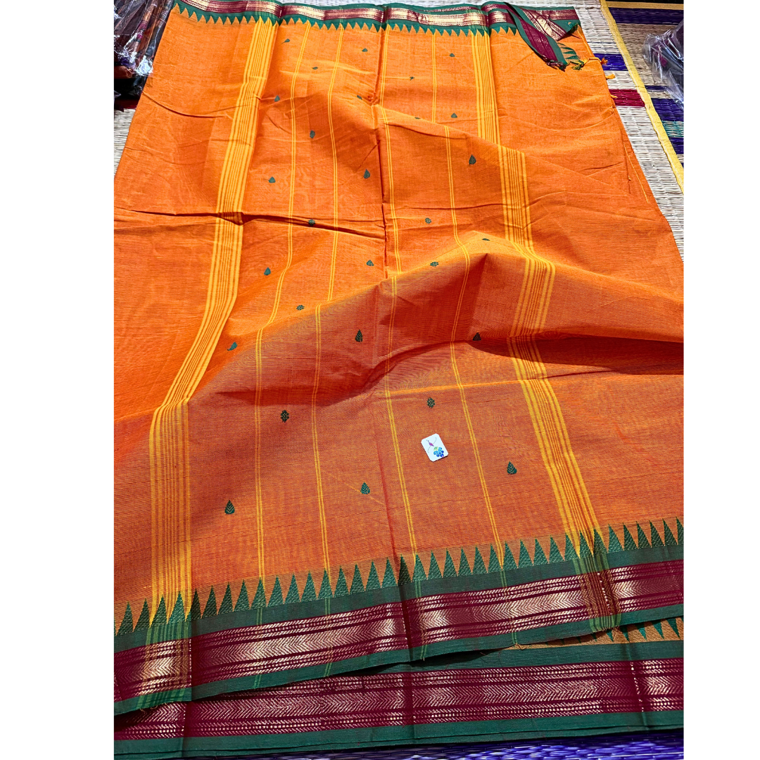 Kanchi cotton saree with thin zari border with temples , Free Delivery