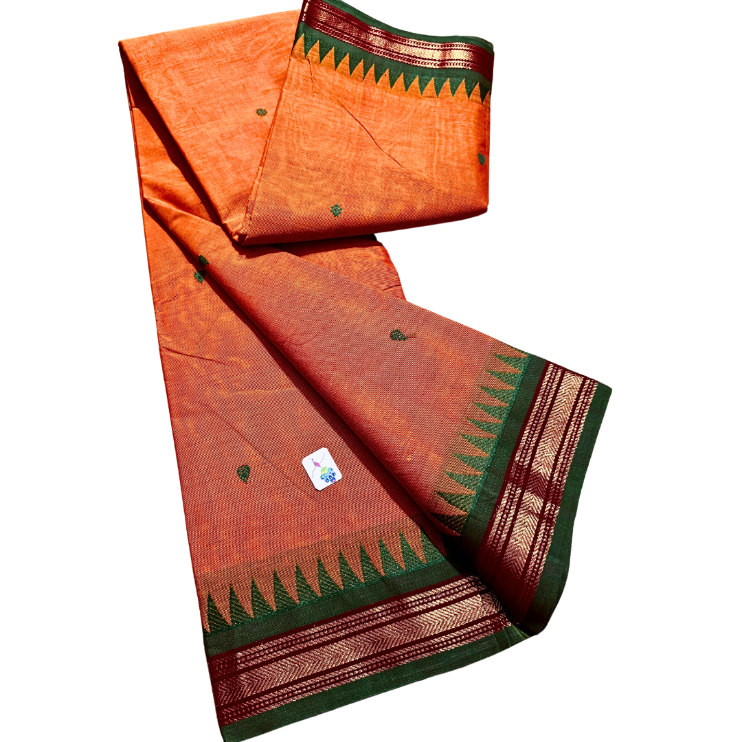 Kanchi cotton saree with thin zari border with temples , Free Delivery