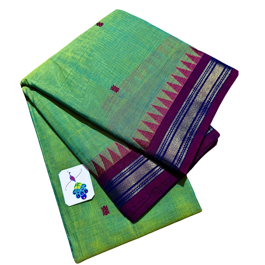 Kanchi cotton saree with thin zari border with temples , Free Delivery