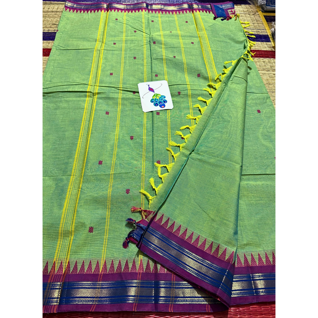 Kanchi cotton saree with thin zari border with temples , Free Delivery