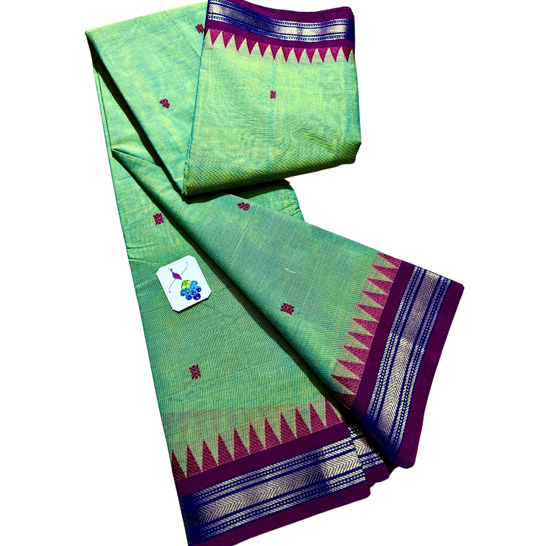 Kanchi cotton saree with thin zari border with temples , Free Delivery