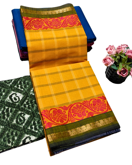 kanchi check saree with border , Cotton sarees for women , Summer saree , Kanchi saree