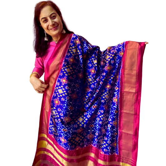 Royal blue silk dupatta , Pure Silk Ikat Dupatta , Handwoven Dupatta for Diwali & Wedding Season , SILK  MARK CERTIFIED
