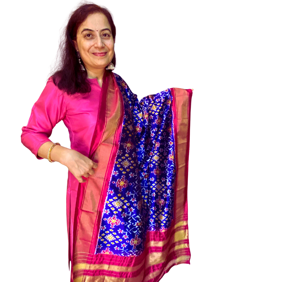 Royal blue silk dupatta , Pure Silk Ikat Dupatta , Handwoven Dupatta for Diwali & Wedding Season , SILK  MARK CERTIFIED