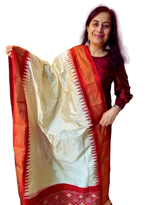 Offwhite silk dupatta , Pure Silk Ikat Dupatta ,  Designer Festive Wear for Navratri & Weddings,  SILK  MARK CERTIFIED