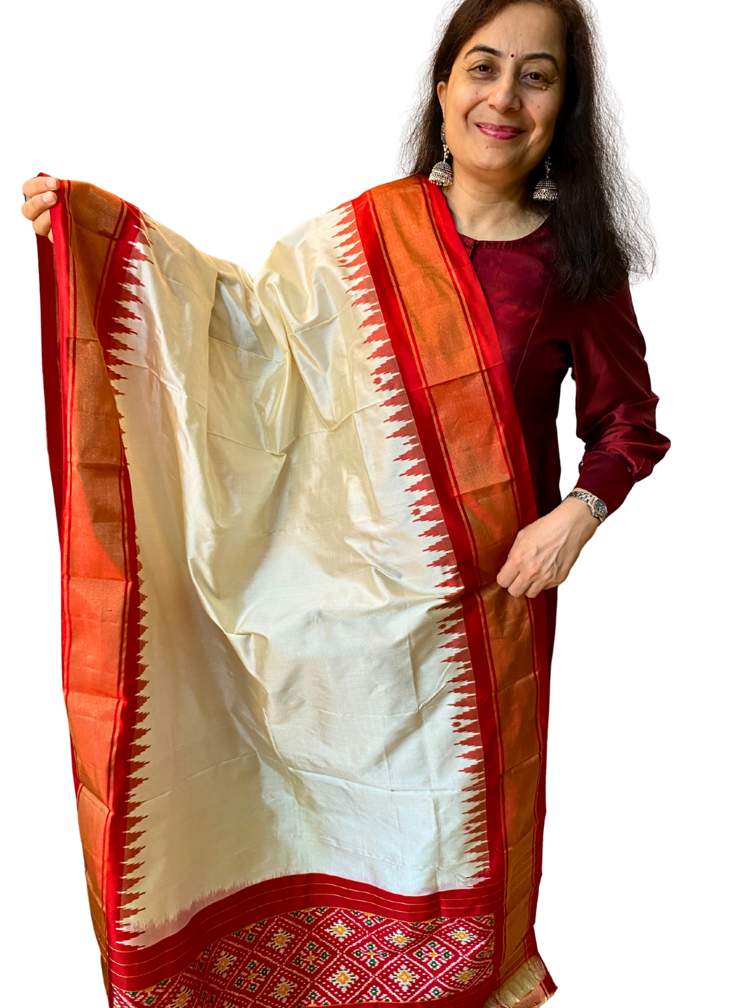 Offwhite silk dupatta , Pure Silk Ikat Dupatta ,  Designer Festive Wear for Navratri & Weddings,  SILK  MARK CERTIFIED
