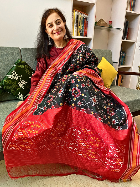 Black silk dupatta , Handmade Pure Silk Ikat Dupatta , Wedding Guest and  Festive Party Wear            SILK  MARK CERTIFIED