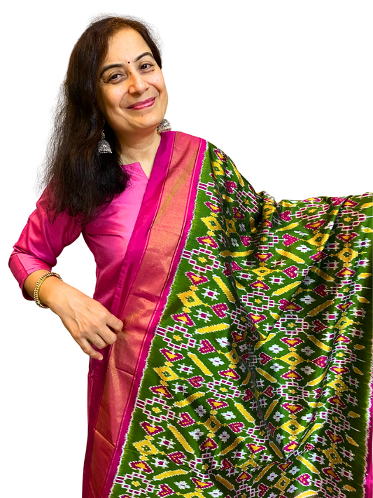 Dark Green  Silk dupatta , Pure Silk Ikat Dupatta ,  Handwoven Dupatta for Diwali & Wedding Season SILK  MARK CERTIFIED
