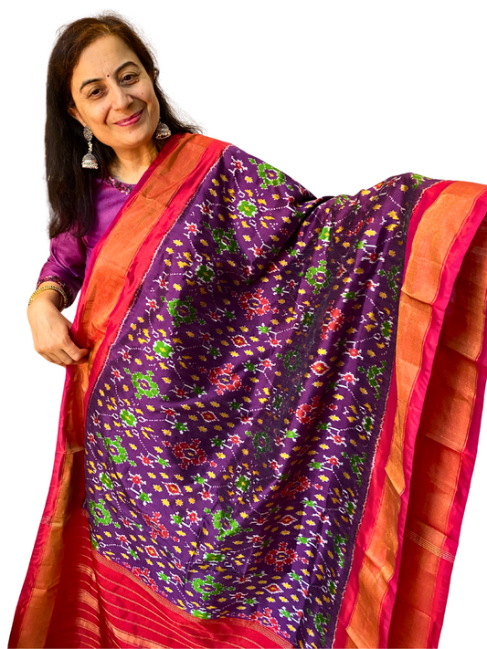 Purple silk dupatta , Authentic Handloom Pure Silk Ikat Dupatta ,  Diwali & Festive Collection , SILK  MARK CERTIFIED