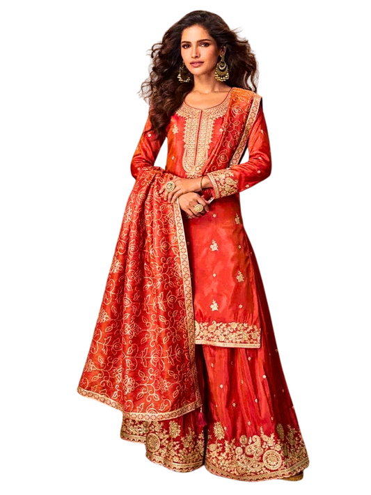 Orange Embroidered Palazzo Suit for Weddings, Parties &amp; Festive Celebrations