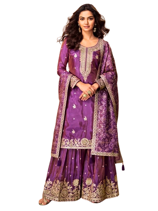 Purple Embroidered Palazzo Suit for Wedding, Party & Festive Wear
