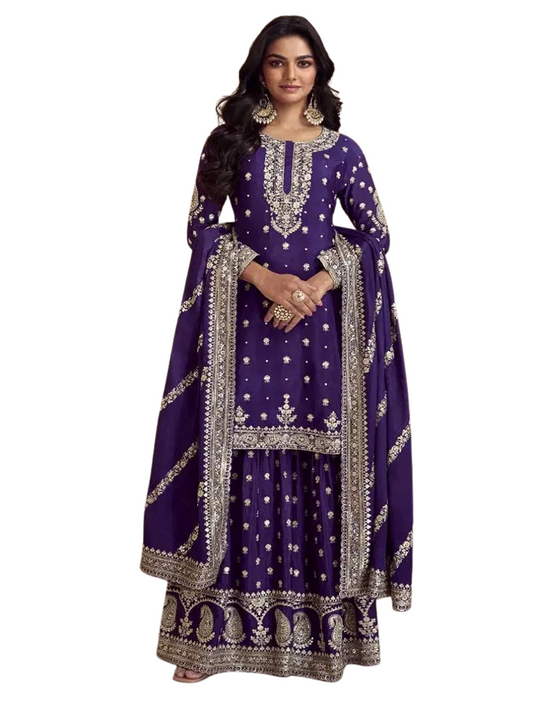 Royal Purple Embroidered Palazzo Suit with Dupatta for Weddings & Festive Wear