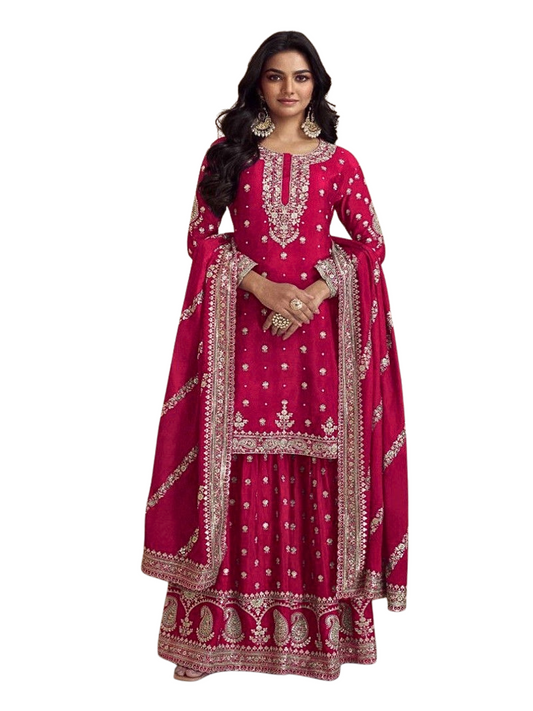 Cherry Pink Palazzo Suit with Golden Embroidery – Wedding & Party Collection