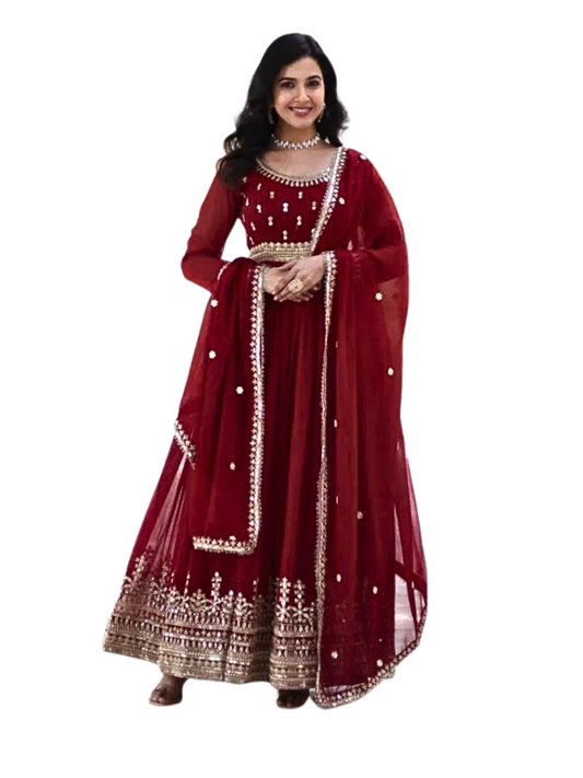 Maroon Embroidered Georgette Gown for Weddings, Parties & Festive Wear