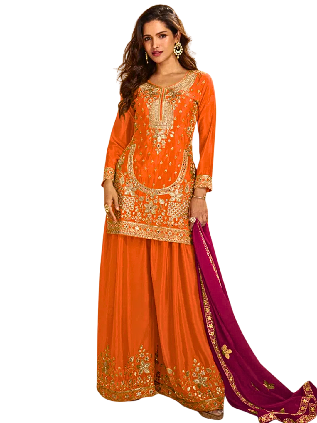Orange  Palazzo Suit with Heavy Embroidery & Burgundy Dupatta – Party & Wedding Outfit