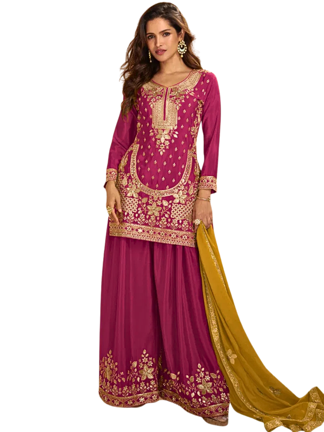 Burgundy  Palazzo Suit with Heavy Embroidery & Mustard Dupatta – Party & Wedding Outfit